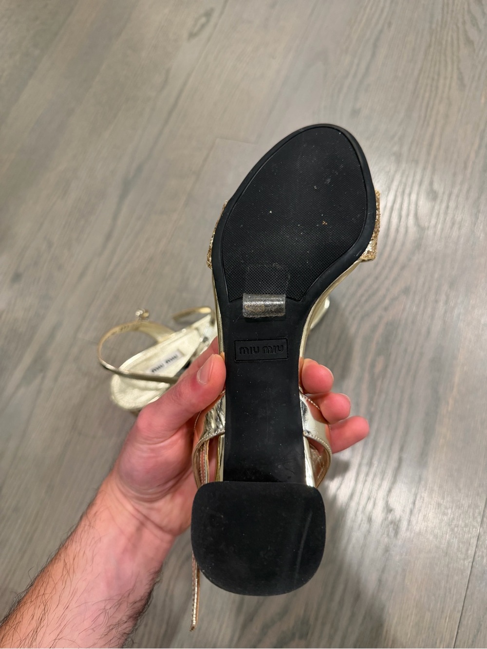 Miu Miu Gold Glitter Block Heel Sandal EU 37.5 Made in Italy - Picture 7 of 7